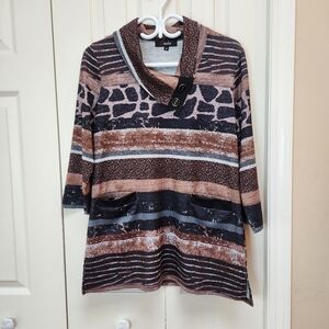 [M] Pasha Tunic Striped & Animal‎ Print Brown Tan Black Knit Top Medium